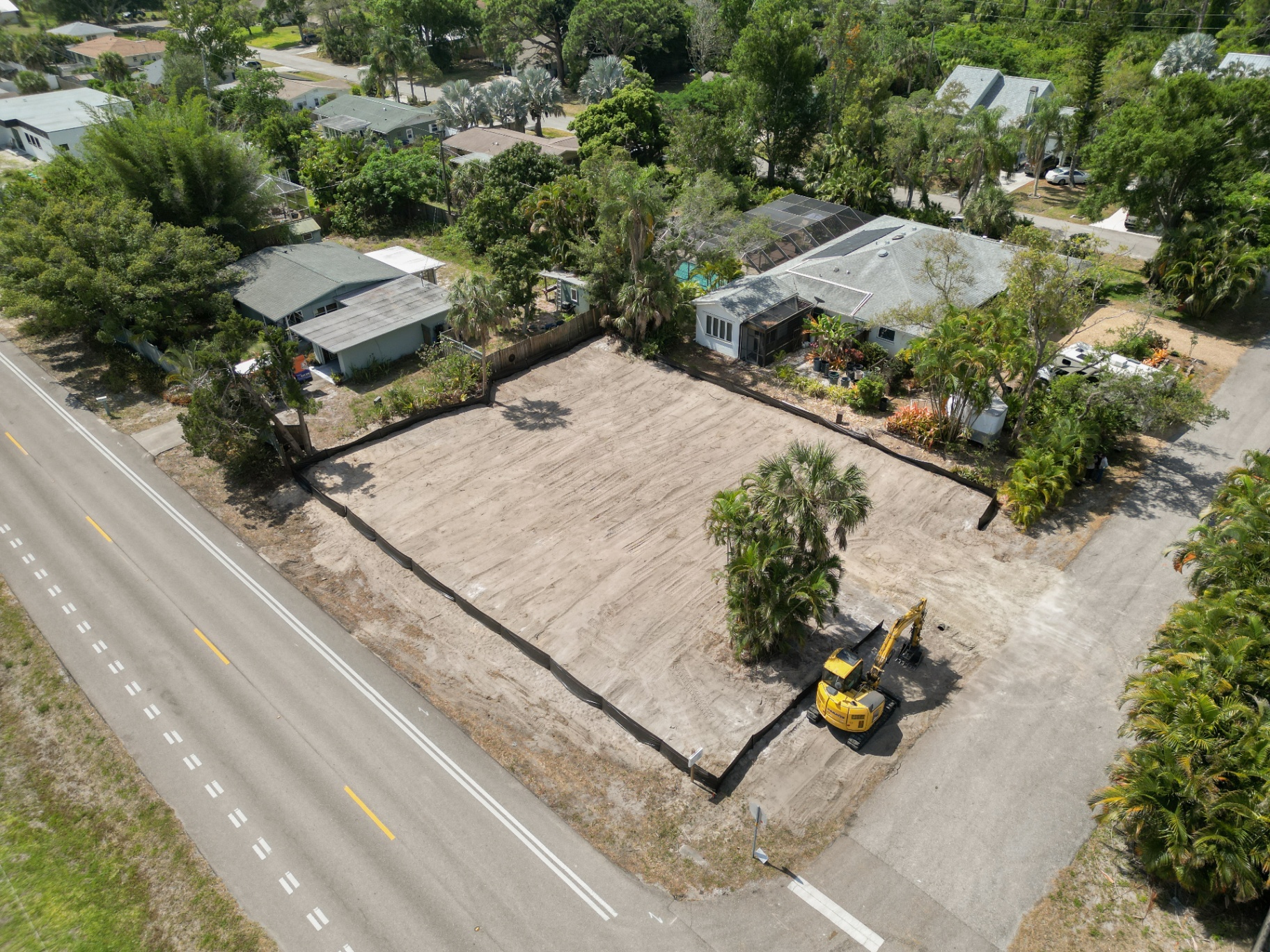 Aerial view of cleared and graded lot ready for build