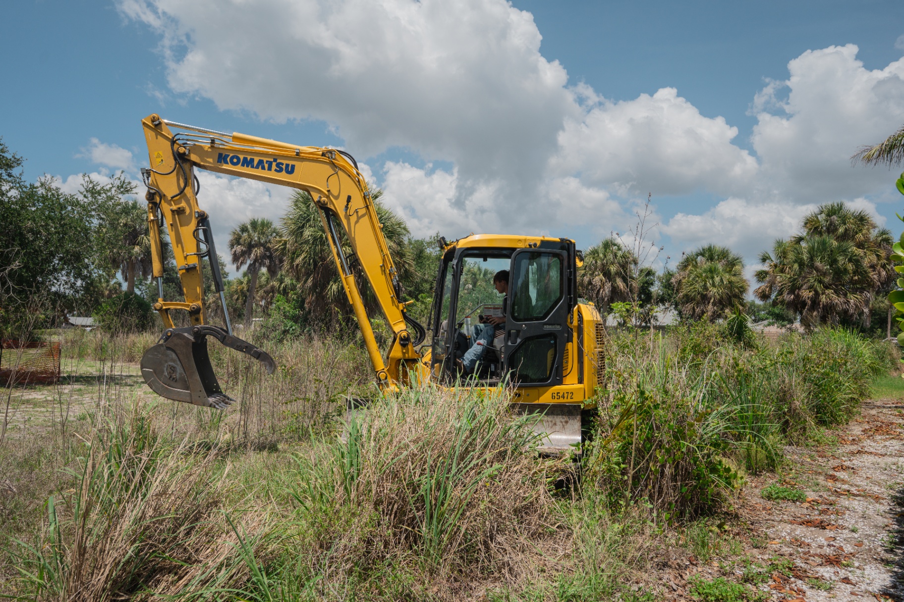 Komatsu excavator working tall brush on cleared path